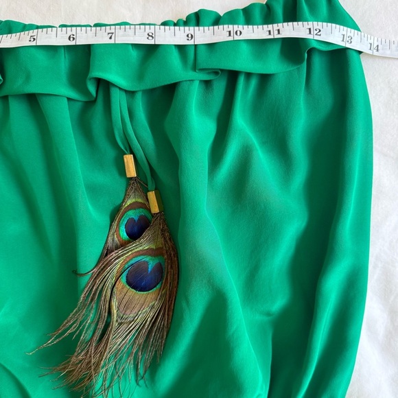 KARINA GRIMALDI 100% Silk Peacock Feather Tube Top Green Ruffle Boho Resort L - Picture 8 of 10